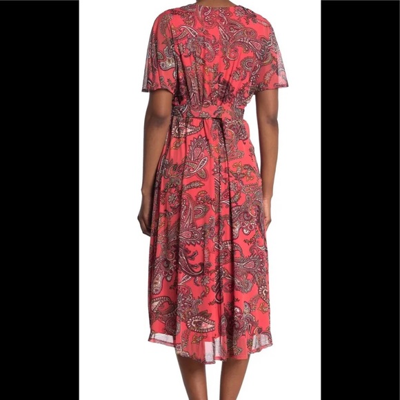 NWOT Sandra Darren Paisley Flutter Sleeve Chiffon Dress In Coral Multi - Picture 3 of 3